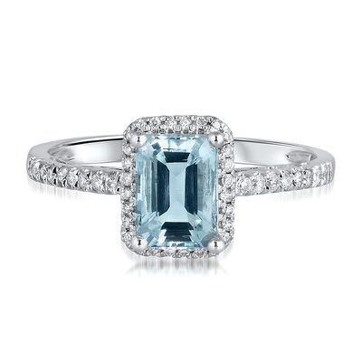 Aquamarine & Diamond Ring with Halo in 10K White Gold (1/7 ct. tw.)