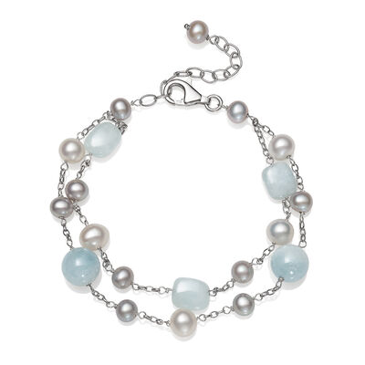 Freshwater Cultured Pearl & Aquamarine Two-Row Bracelet in Sterling Silver