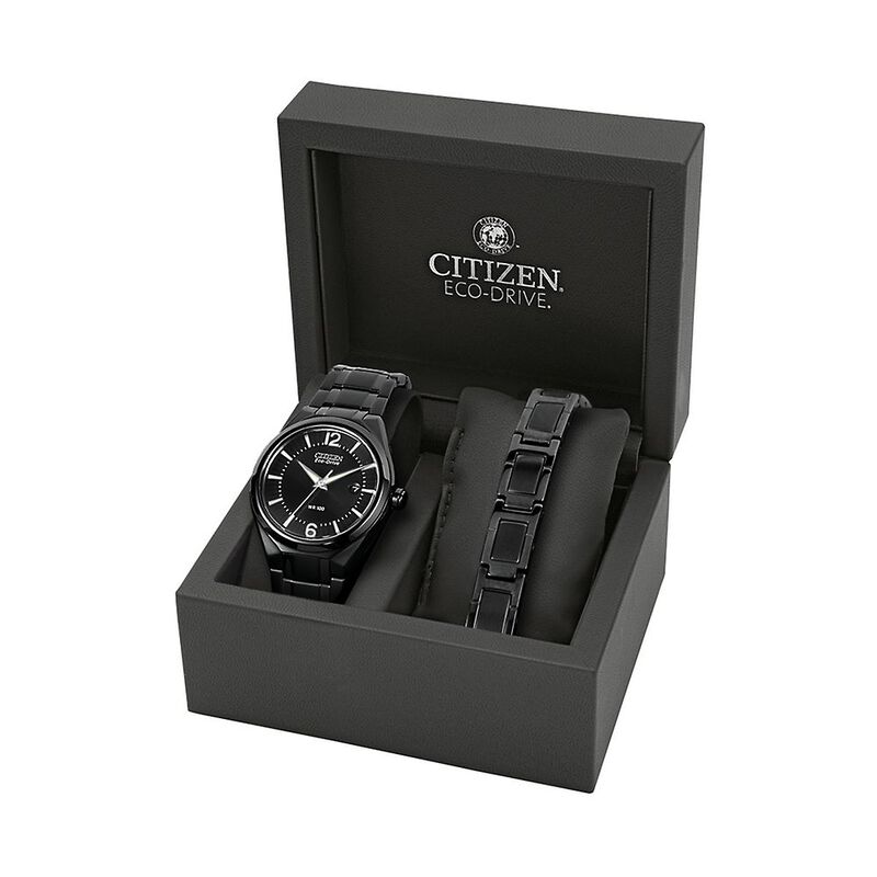 Men&rsquo;s Watch &amp; Bracelet Set in Black Ion-Plated Stainless Steel