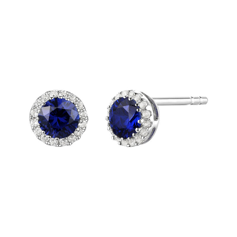 Diamond &amp; Blue Sapphire Stud Earrings in 14K White Gold
