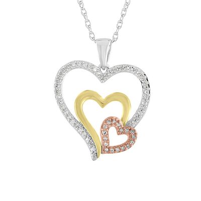 1/8 ct. tw. Diamond Triple Heart Tricolor Pendant in Sterling Silver & 10K Gold