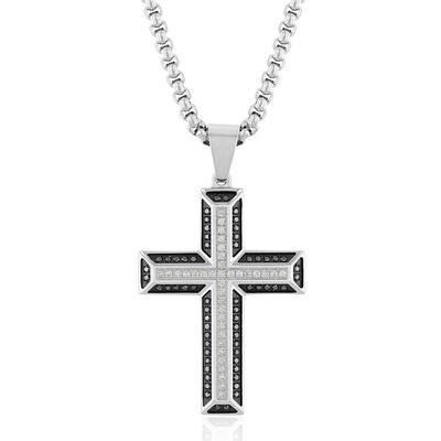 Black and White Diamond Cross in Stainless Steel (1/2 ct. tw.)