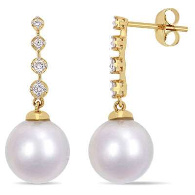 South Sea Pearl Earrings with Diamond Drop in 14K Yellow Gold (1/7 ct. tw.)