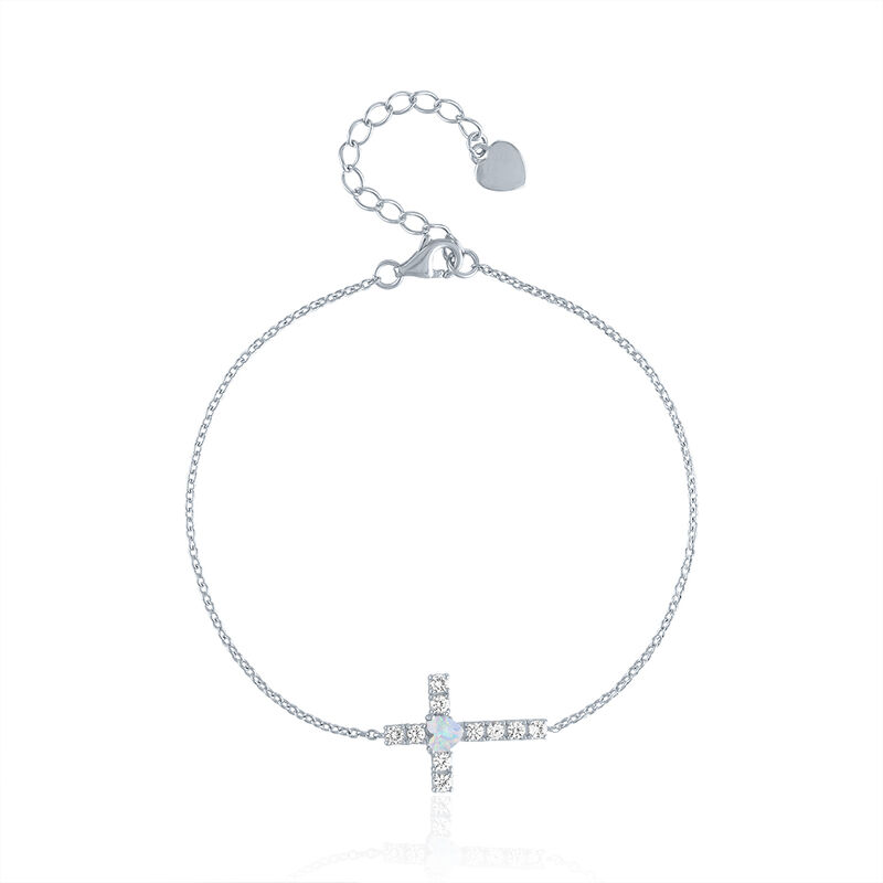 Lab Created Opal &amp; Lab Created White Sapphire Cross Bracelet in Sterling Silver