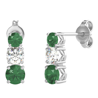 Lab Created Emerald & White Sapphire Three-Stone Earrings in Sterling Silver