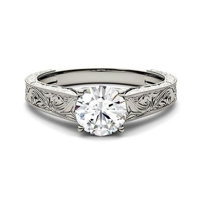 Round Moissanite Ring with Filigree Band in 14K White Gold (1 ct.)