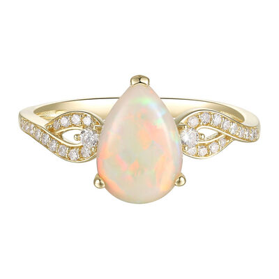 Pear-Shaped Opal Ring with Diamonds in 10K Yellow Gold (1/7 ct. tw.)