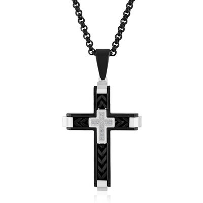 Diamond Cross Pendant in Black Stainless Steel with 24” Curb Chain