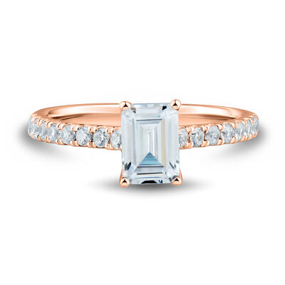 lab grown diamond emerald-cut engagement ring with pave setting in 14k rose gold (1 1/3 ct. tw.)
