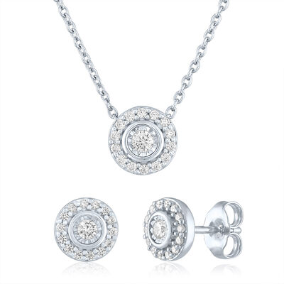 Lab Grown Diamond Halo Illusion Stud Earrings & Pendant Set in Sterling Silver (1/3 ct. tw.)