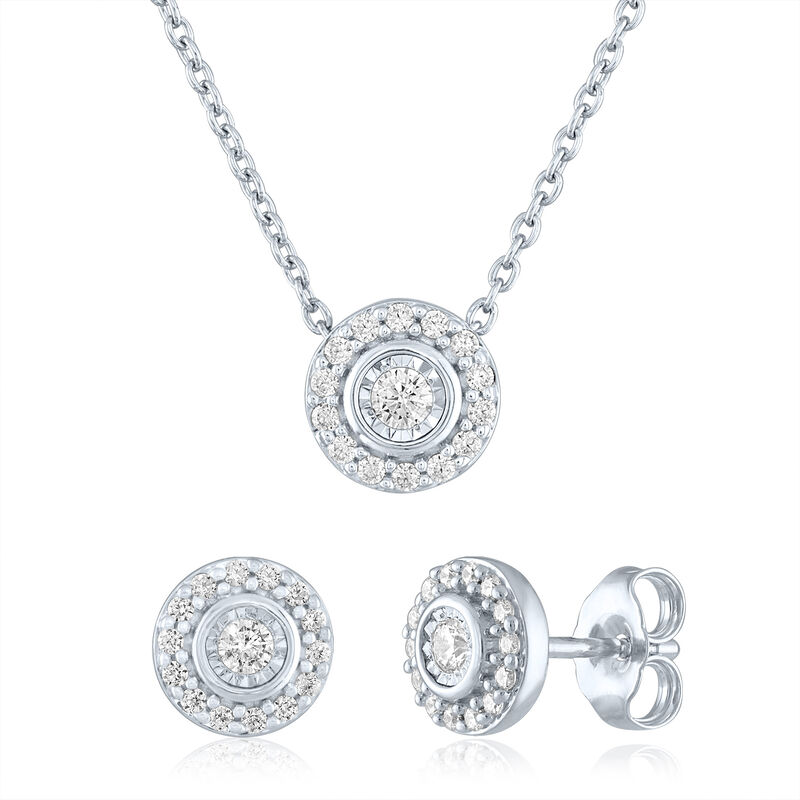 Lab Grown Diamond Halo Illusion Stud Earrings &amp; Pendant Set in Sterling Silver &#40;1/3 ct. tw.&#41;