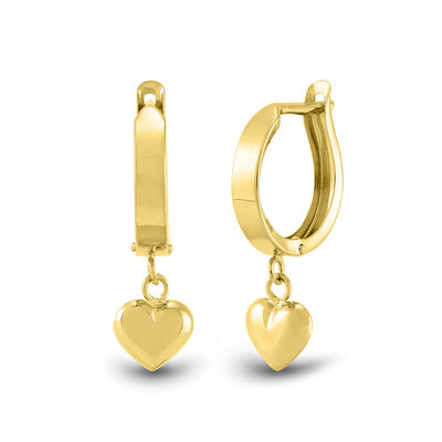 Huggie Hoop Earrings with Heart Dangle in 14K Yellow Gold