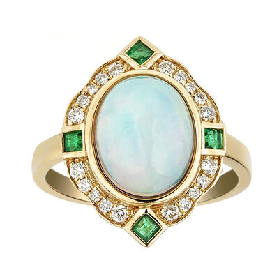 Opal, Emerald & 1/5 ct. tw. Diamond Ring in 10K Yellow Gold