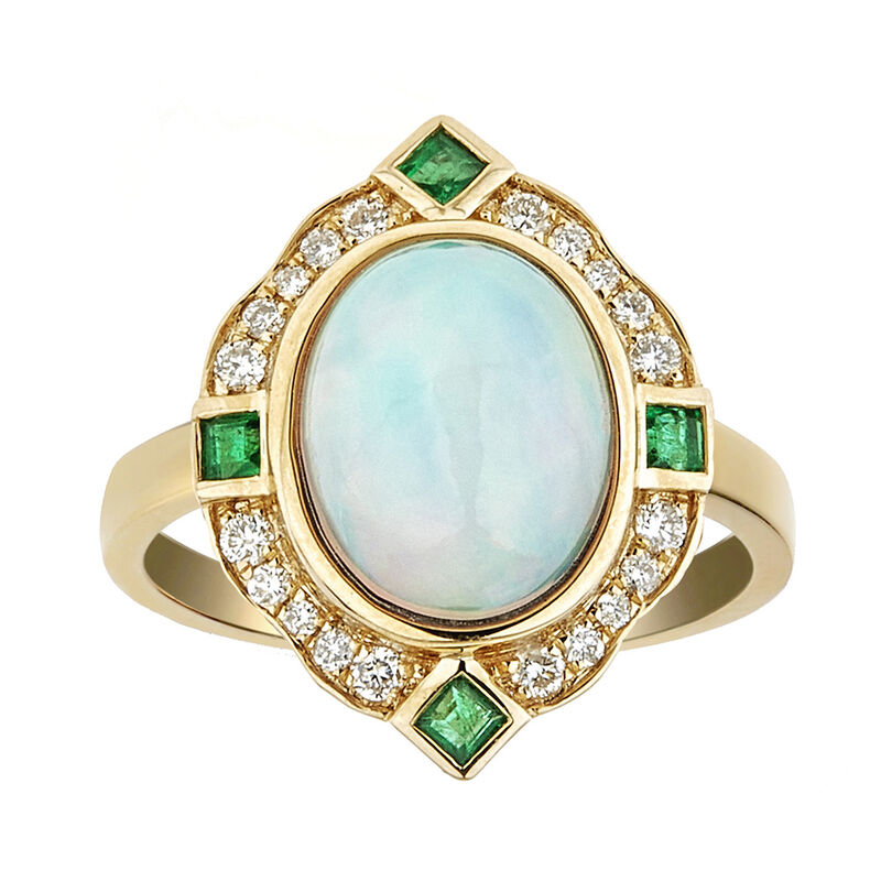 Opal, Emerald &amp; 1/5 ct. tw. Diamond Ring in 10K Yellow Gold