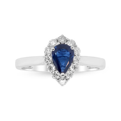 Pear-Shaped Blue Sapphire & Diamond Halo Ring in 10K White Gold (1/3 ct. tw.)