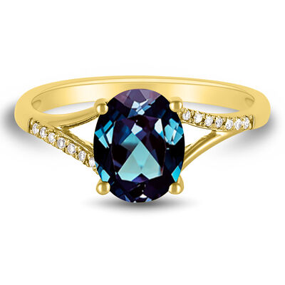 Oval Lab-Created Alexandrite Ring with Diamond Accents in 10K Yellow Gold