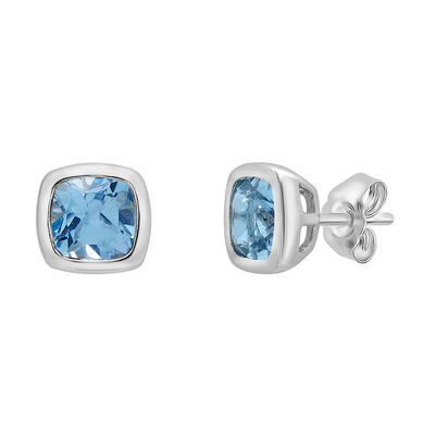Blue Topaz Stud Earrings with Cushion Cut in 10K White Gold