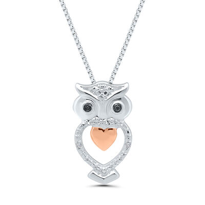 Owl Pendant with Black Diamond Accents in Sterling Silver