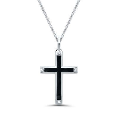 Black Cross Pendant with Diamond Accents in Black Enamel & Sterling Silver