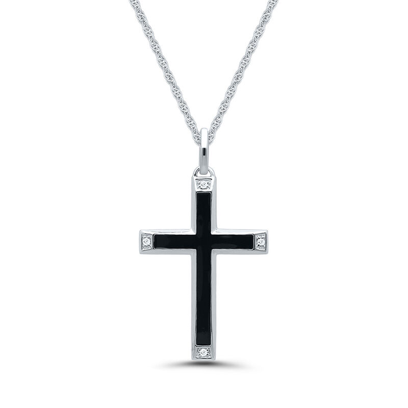 Black Cross Pendant with Diamond Accents in Black Enamel &amp; Sterling Silver