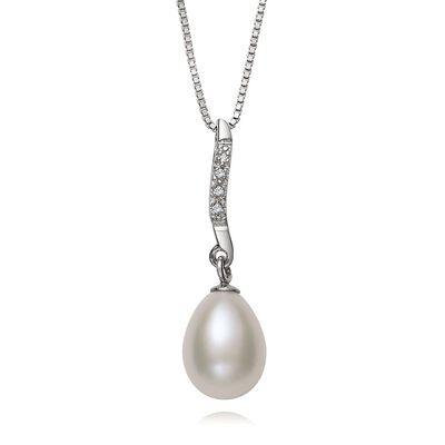 Freshwater Cultured Pearl & Lab Created White Sapphire Pendant in Sterling Silver
