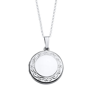Round Locket with Floral Scroll Detail in Sterling Silver