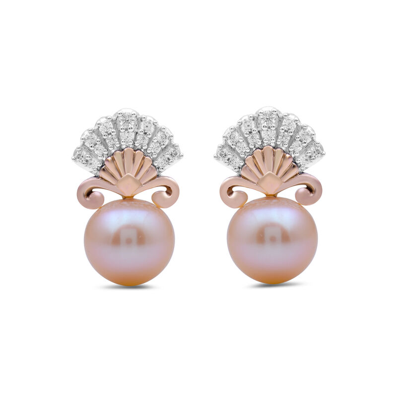 Ariel Pink Pearl and Diamond Shell Earrings in Sterling Silver and 10K Rose Gold &#40;1/7 ct. tw.&#41;