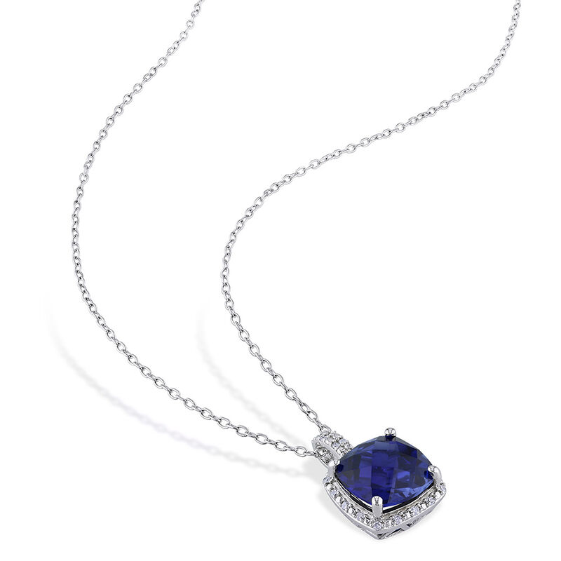 Lab Created Blue Sapphire &amp; Diamond Pendant in Sterling Silver