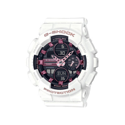 Ladies G-SHOCK White Resin Watch with Pink Accent