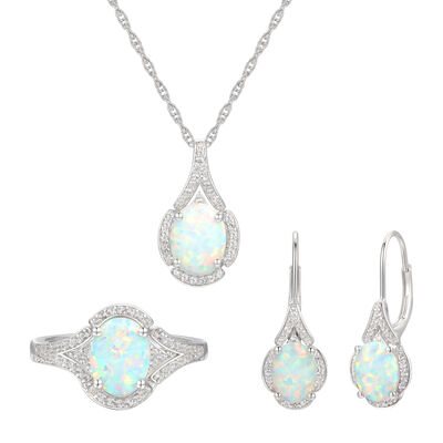 Oval Opal & Lab Created White Sapphire Earring, Pendant & Ring Set in Sterling Silver