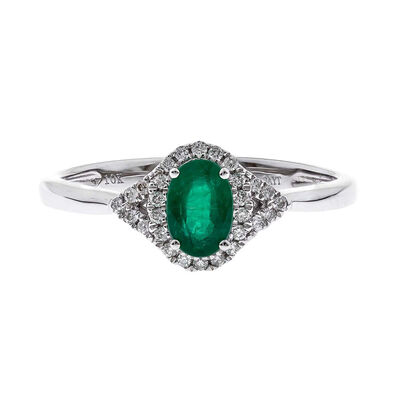 Oval Emerald Ring with Diamond Halo in 10K White Gold (1/10 ct. tw.)