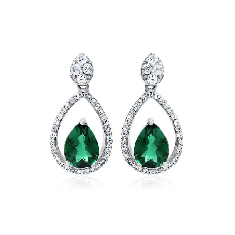 Lab Created Emerald &amp; White Sapphire Teardrop Dangle Earrings in Sterling Silver