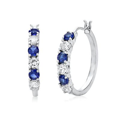 Lab Created Blue & White Sapphire Hoop Earrings in Sterling Silver