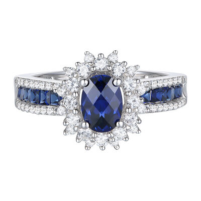 Blue Sapphire & Diamond Halo Ring in 14K White Gold (1/2 ct. tw.)