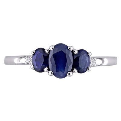Oval Three-Stone Blue Sapphire Ring in 10K White Gold