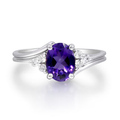 Oval Amethyst & Diamond Ring in 10K White Gold (1/8 ct. tw.)