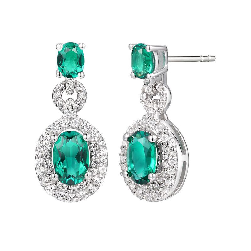 Lab Created Emerald &amp; White Sapphire Drop Earrings in Sterling Silver