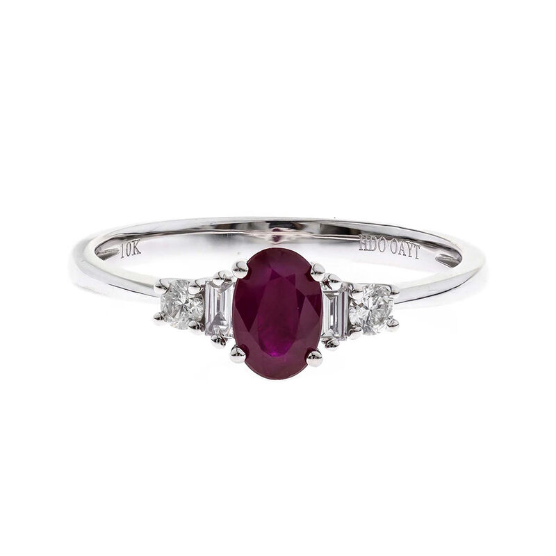 Oval Ruby Ring with Baguette Side Stone in 10K White Gold &#40;1/7 ct. tw.&#41;