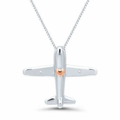 Diamond Airplane Pendant in Sterling Silver & 14K Rose Gold