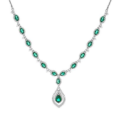 Lab Created Emerald & White Sapphire Necklace in Sterling Silver