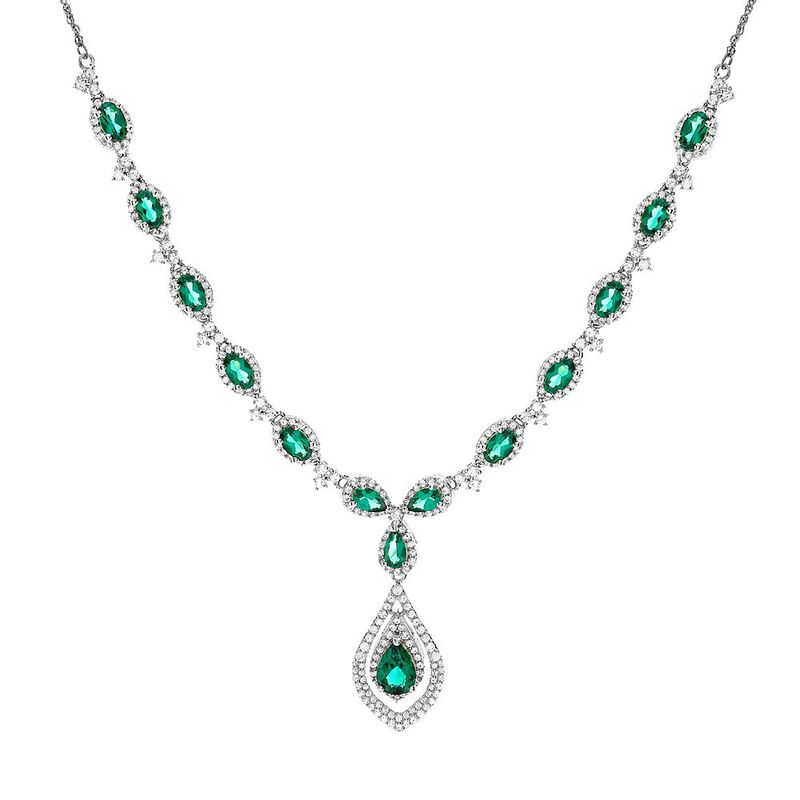 Lab Created Emerald &amp; White Sapphire Necklace in Sterling Silver