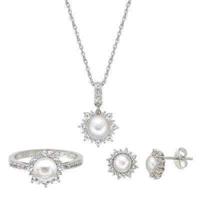 Freshwater Pearl & Lab Created White Sapphire Pendant, Earrings & Ring Boxed Set in Sterling Silver