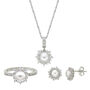 Freshwater Pearl &amp; Lab Created White Sapphire Pendant, Earrings &amp; Ring Boxed Set in Sterling Silver