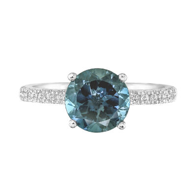 Round London Blue Topaz Ring with Diamond Band in 14K White Gold (1/3 ct. tw.)