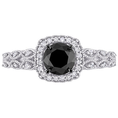 Black & White Diamond Ring with Cushion-Shaped Halo in 10K White Gold (1 1/7 ct. tw.)