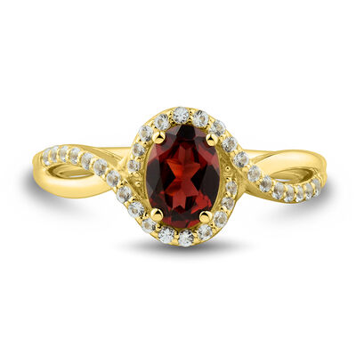 Oval Garnet Ring with Lab-Created White Sapphires in 10K Yellow Gold