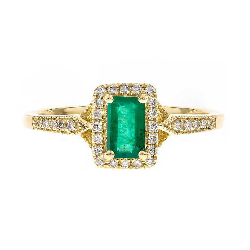 Emerald Ring with Diamond Halo in 10K Yellow Gold