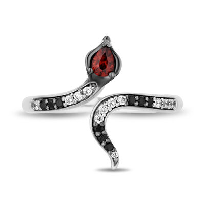 Jafar Diamond, Onyx and Garnet Snake Ring in Sterling Silver (1/10 ct. tw.)