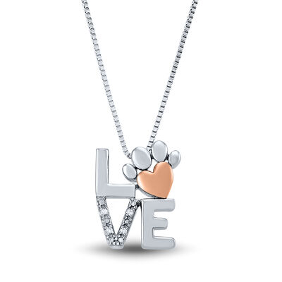 “LOVE” Diamond Paw Print Pendant in Sterling Silver