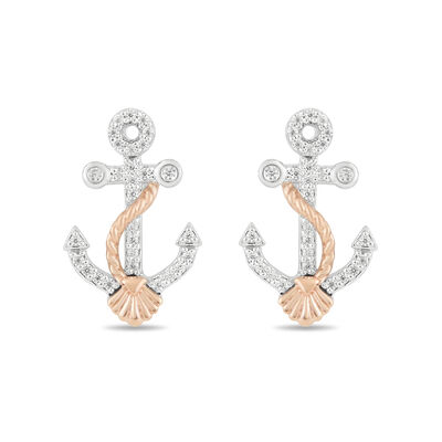Diamond Ariel Anchor Stud Earrings in Sterling Silver & 10K Rose Gold (1/10 ct. tw.)